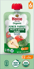 Holle Power Parrot puree pouch showing pear, apple and spinach for early weaning