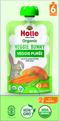 Holle Veggie Bunny pouch with carrots, peas, and sweet potato for on-the-go baby nutrition.