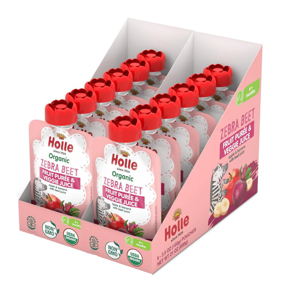 Holle Zebra beet puree front packaging shows organic apples, bananas, and beets for babies