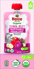 Holle Zebra beet puree front packaging shows organic apples, bananas, and beets for babies