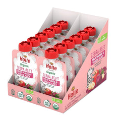 Holle Zebra beet puree front packaging shows organic apples, bananas, and beets for babies