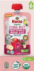 Holle Zebra beet puree open pouch enables easy on the go feeding for busy families