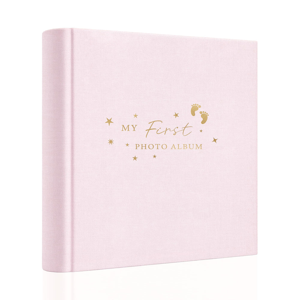 Holoary Baby Photo Album pink linen cover with front view and stylish hot stamping for keepsakes.
