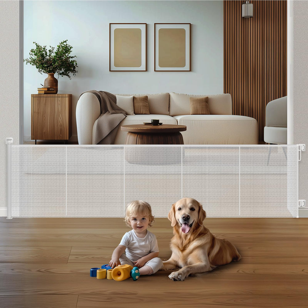 HOMEAL 120-inch retractable gate across a doorway, enabling one-handed use