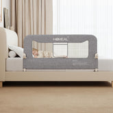 HOMEAL 47in foldable toddler bed rail with U-shaped base for added stability.