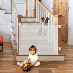 HOMEAL retractable baby gate at the top of stairs for secure child containment.