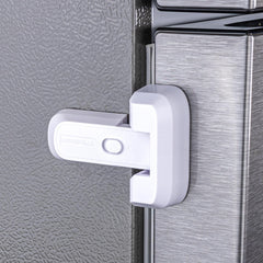 HomeBrella fridge lock with adhesive pad securing doors for child safety.