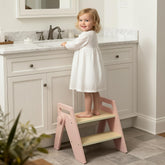 HOMEKOL pink wooden toddler stool front view provides sturdy handwashing support.