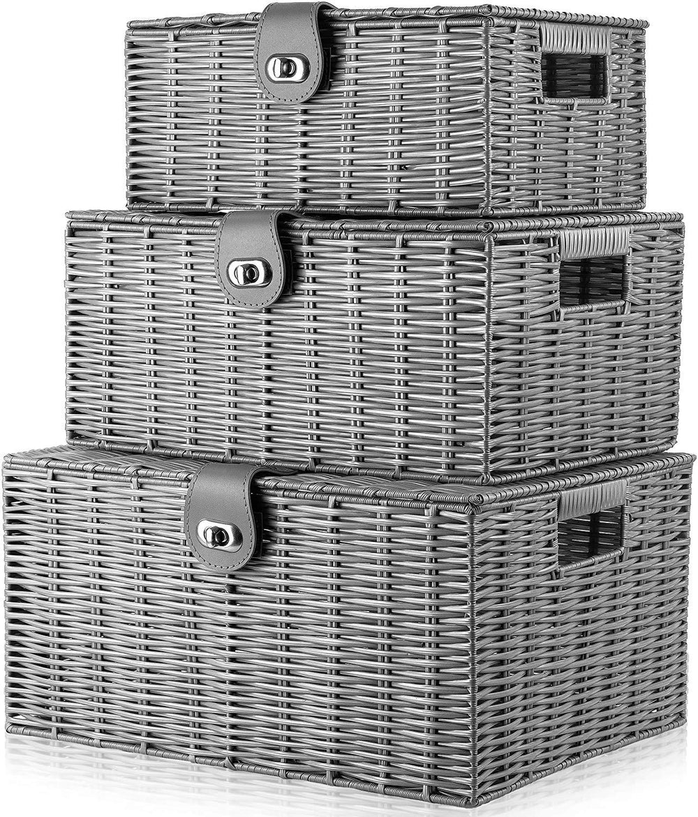 Homepeaz lid-and-lock basket secures toys and essentials with a stylish latch.