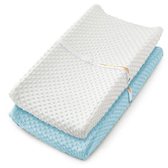 Homiest changing pad cover in white-blue Minky Dot offers gentle softness.
