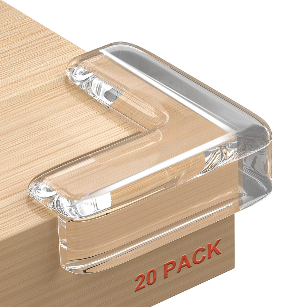 HOMREALM clear silicone corner guards applied to a wooden table edge for safer play