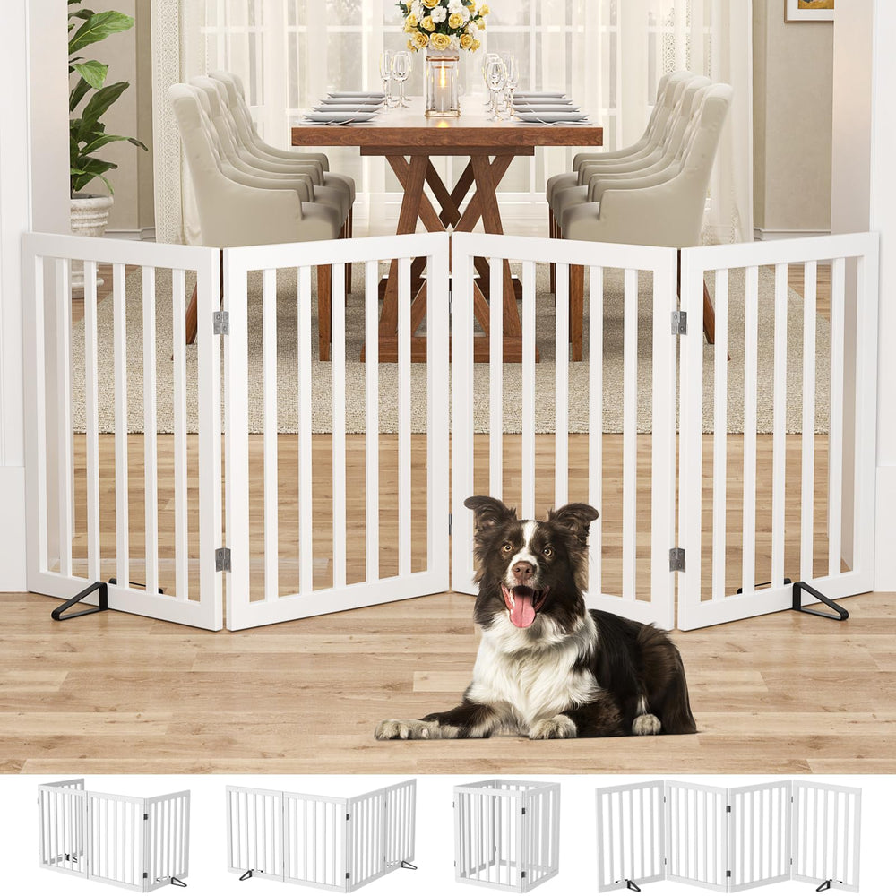 Homykic bamboo dog gate in four-panel setup creates a wide, safe containment area