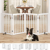 Homykic bamboo dog gate in four-panel setup creates a wide, safe containment area