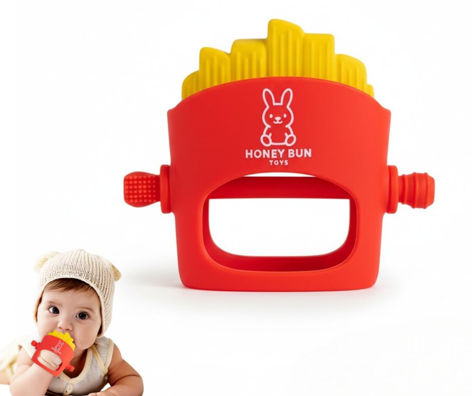 NomNom Fries teether front view by Honey Bun Toys helps soothe gums safely