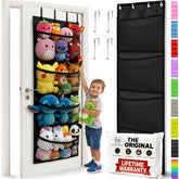 Honeyera over-door storage with hooks keeps plush toys accessible.