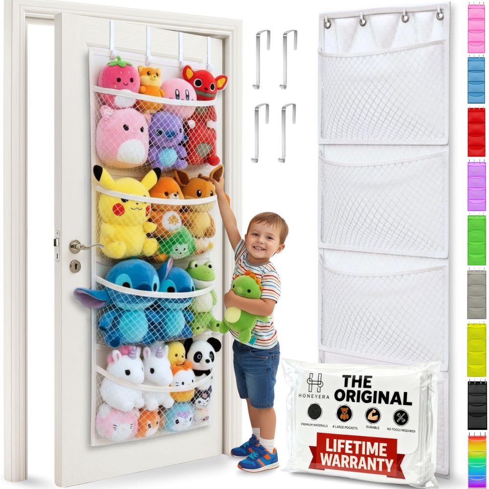 Honeyera over-door organizer showing stuffed animals and easy accessibility