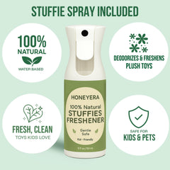 Honeyera Stuffies Freshener spray bottle included for gentle, kid-safe scent refresh.