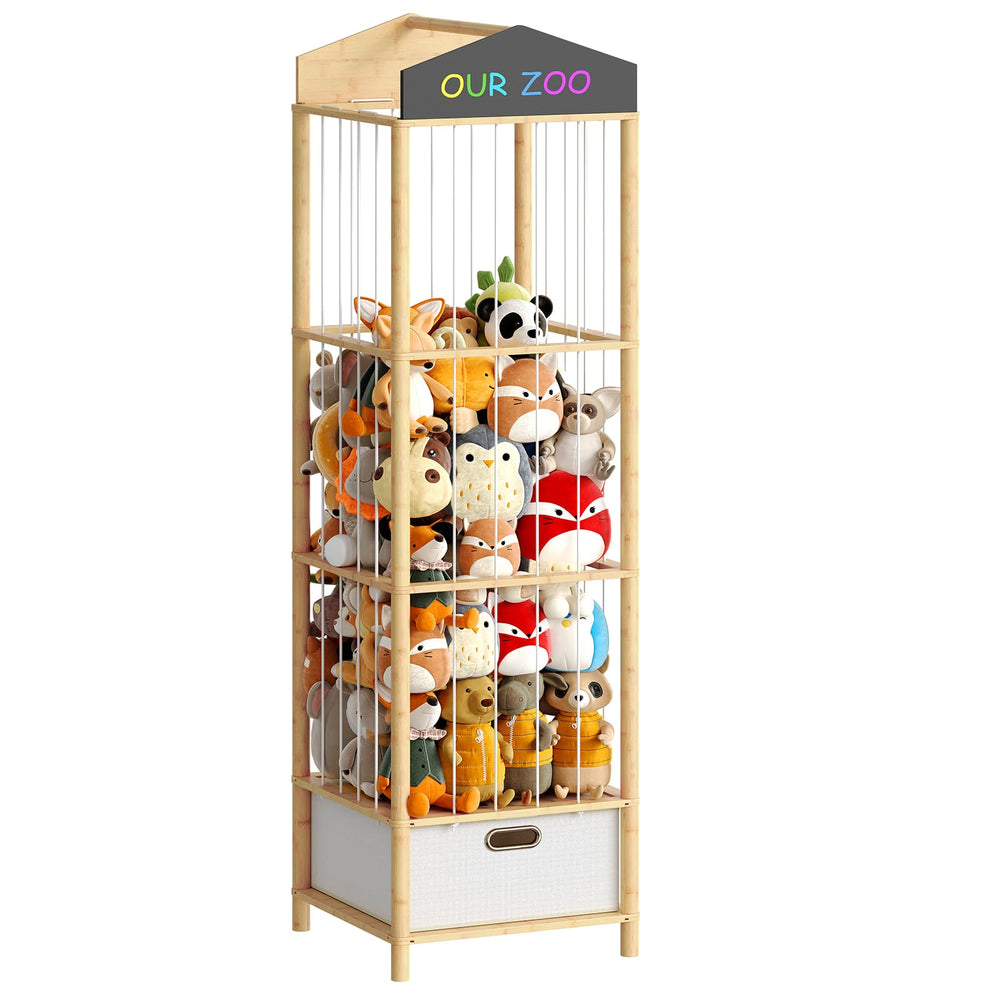 HOOBRO stuffed animal storage with bamboo frame keeps plush toys neatly organized for kids.