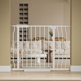 HOOOEN wide baby gate installed at stairs shows adjustable width for safe passage.