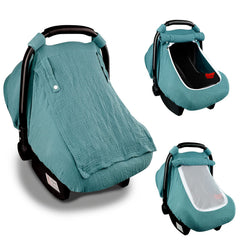 Hooyax blue muslin car seat cover keeps baby comfortable and protected.