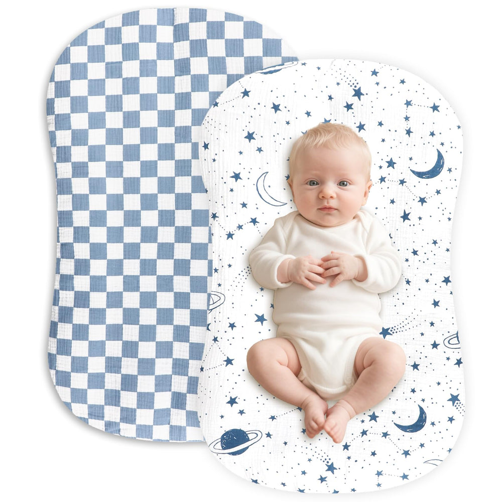 Hooyax muslin lounger cover in blue checker provides breathable comfort for baby.