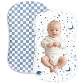Hooyax muslin lounger cover in blue checker provides breathable comfort for baby.