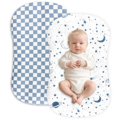 Hooyax muslin lounger cover in blue checker provides breathable comfort for baby.