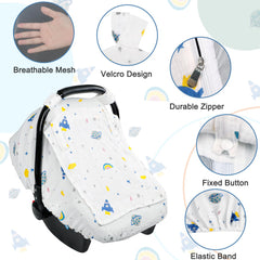 Hooyax planet print design on muslin car seat cover for a playful look