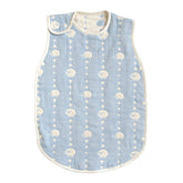 Hoppetta sky blue double gauze sleeper front view, breathable fabric for gentle naps.
