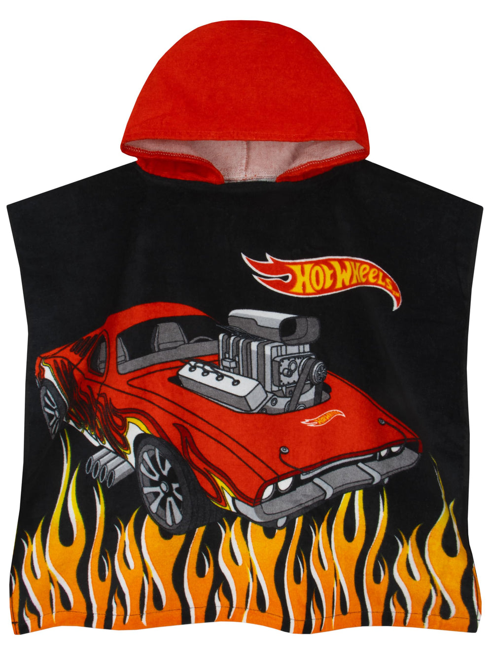 Hot Wheels towel poncho design with fiery car graphic for energetic bath time