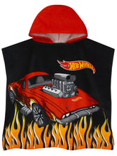 Hot Wheels towel poncho design with fiery car graphic for energetic bath time