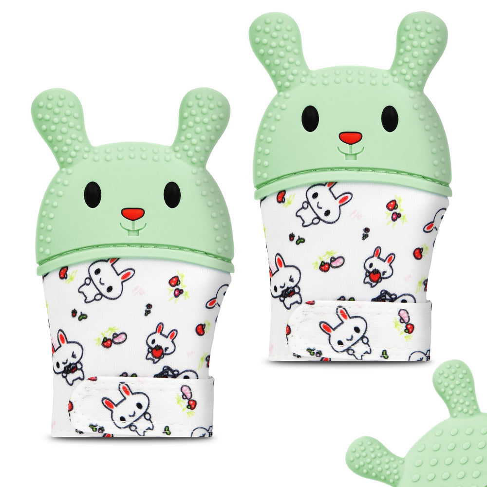 HOTUT teething mitt rabbit close-up for soothing gums during playtime.