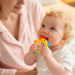 Houcopa teether rattle with easy-grip ring and colorful pellets.