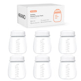 Hranio breast pump parts set with six bottles and travel cap for convenient on-the-go use.