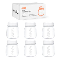 Hranio breast pump parts set with six bottles and travel cap for convenient on-the-go use.