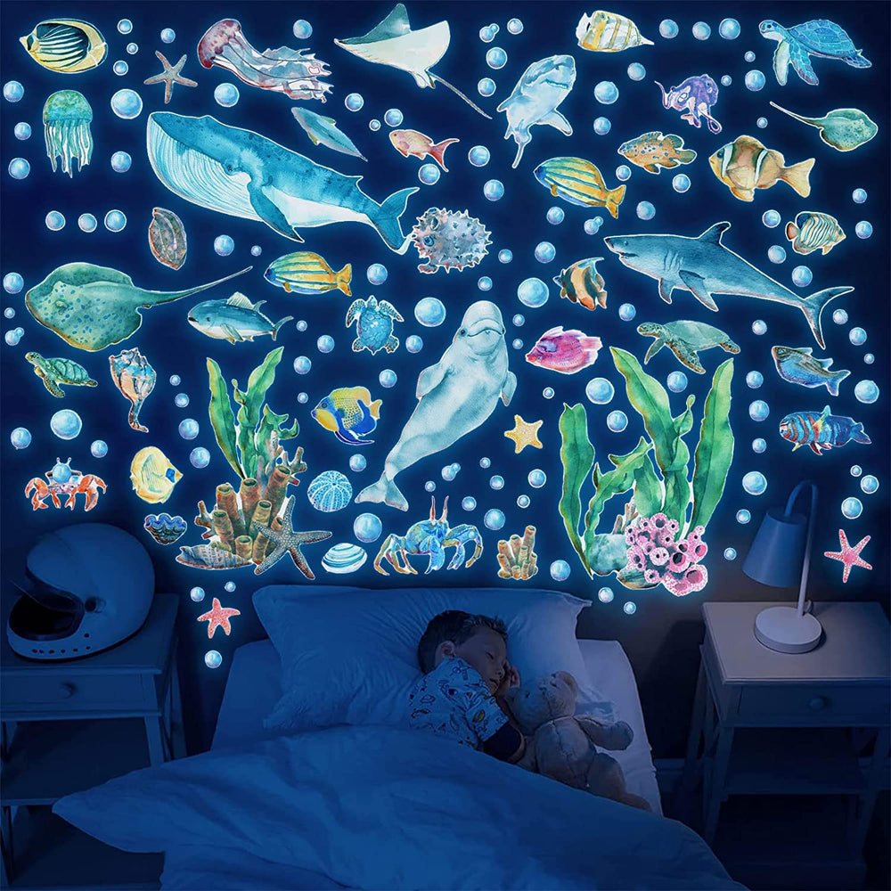 HSDSH glow in the dark ocean fish wall decal glows at night for magical kids' bedroom ambience.
