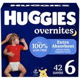 Huggies Overnites Size 6 packaging variations support all-night protection.