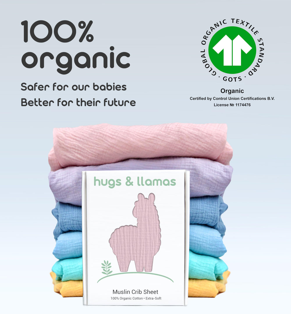 Hugs and Llamas hypoallergenic muslin crib sheet supports sensitive skin