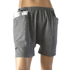 HUKSOSE shorts with nephrostomy pocket shown from the side for discreet drainage bag storage during outings.