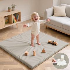 Huloo Sleep baby play mat grey foam padding provides cushioned tummy time.