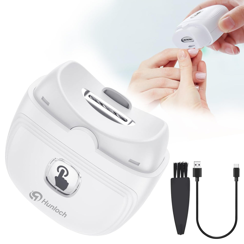 Hunloch electric nail clipper front view, compact design for easy fingernail trimming.