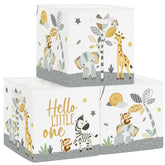 HUUMONSS elephant cube bin for toy storage in a tropical nursery.