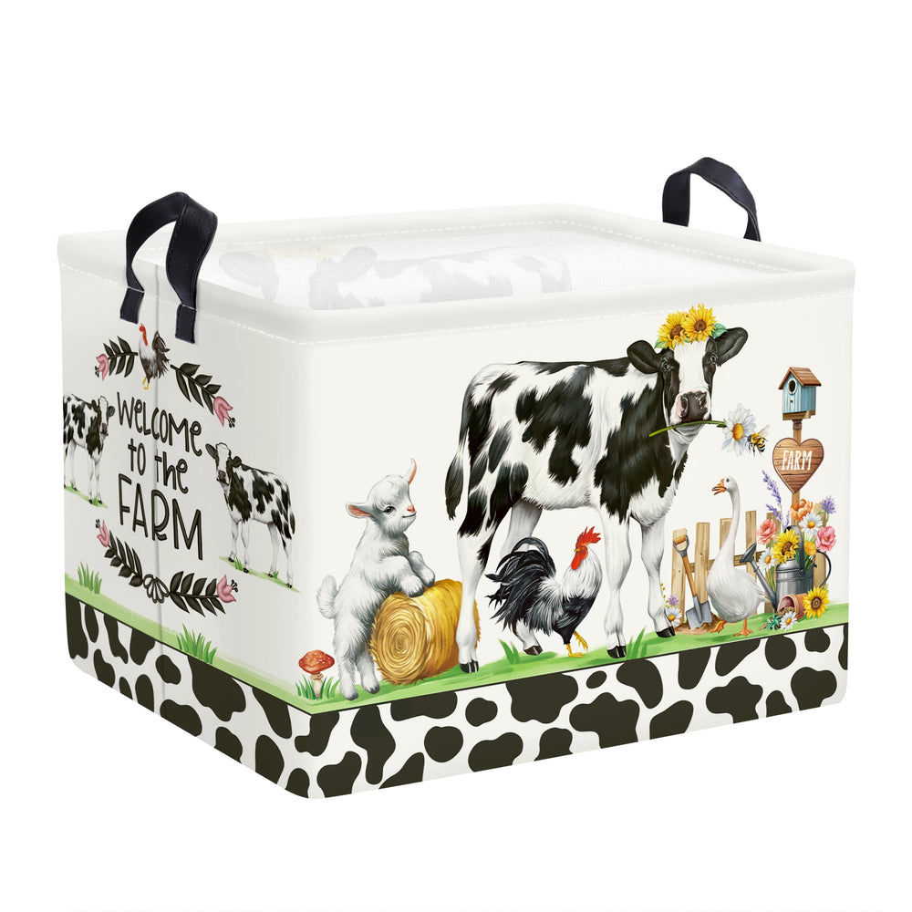 HUUMONSS Farm Animals Storage Basket with cow motif for organized toy storage.