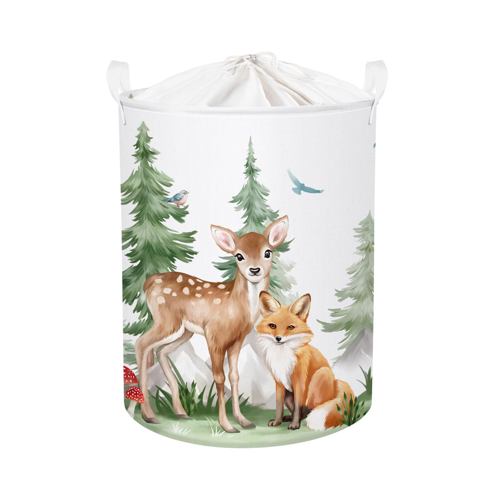 HUUMONSS forest animals baby laundry hamper with deer and bears, ideal for toy storage.