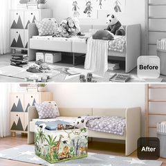 HUUMONSS safari animals hamper featuring a lion motif keeps toys organized.