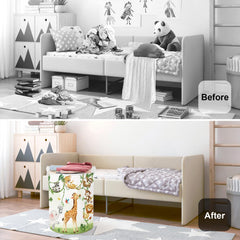 HUUMONSS woodland nursery decor basket with cartoon animals brightens kids' room.