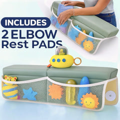 HUX Baby kneeler with non-slip backing stays secure on wet tub surfaces.