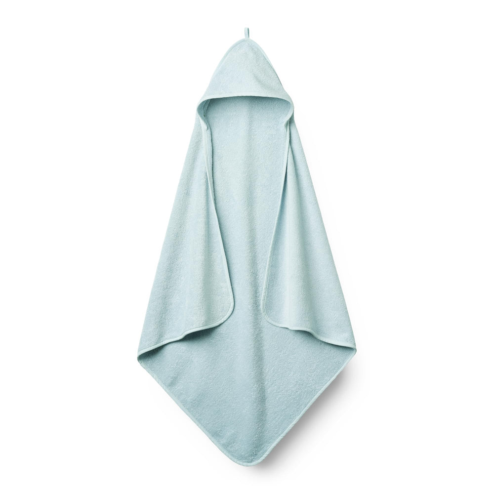 Huxie Baby Hooded Towel in baby blue, plush organic cotton for gentle drying.