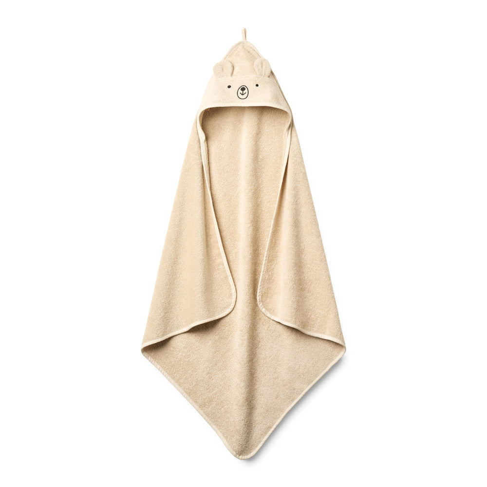 Huxie bear fog hooded towel folded for warm, gentle post-bath comfort.