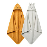 Huxie baby hooded towel grey—soft fabric for gentle post-bath wrapping.